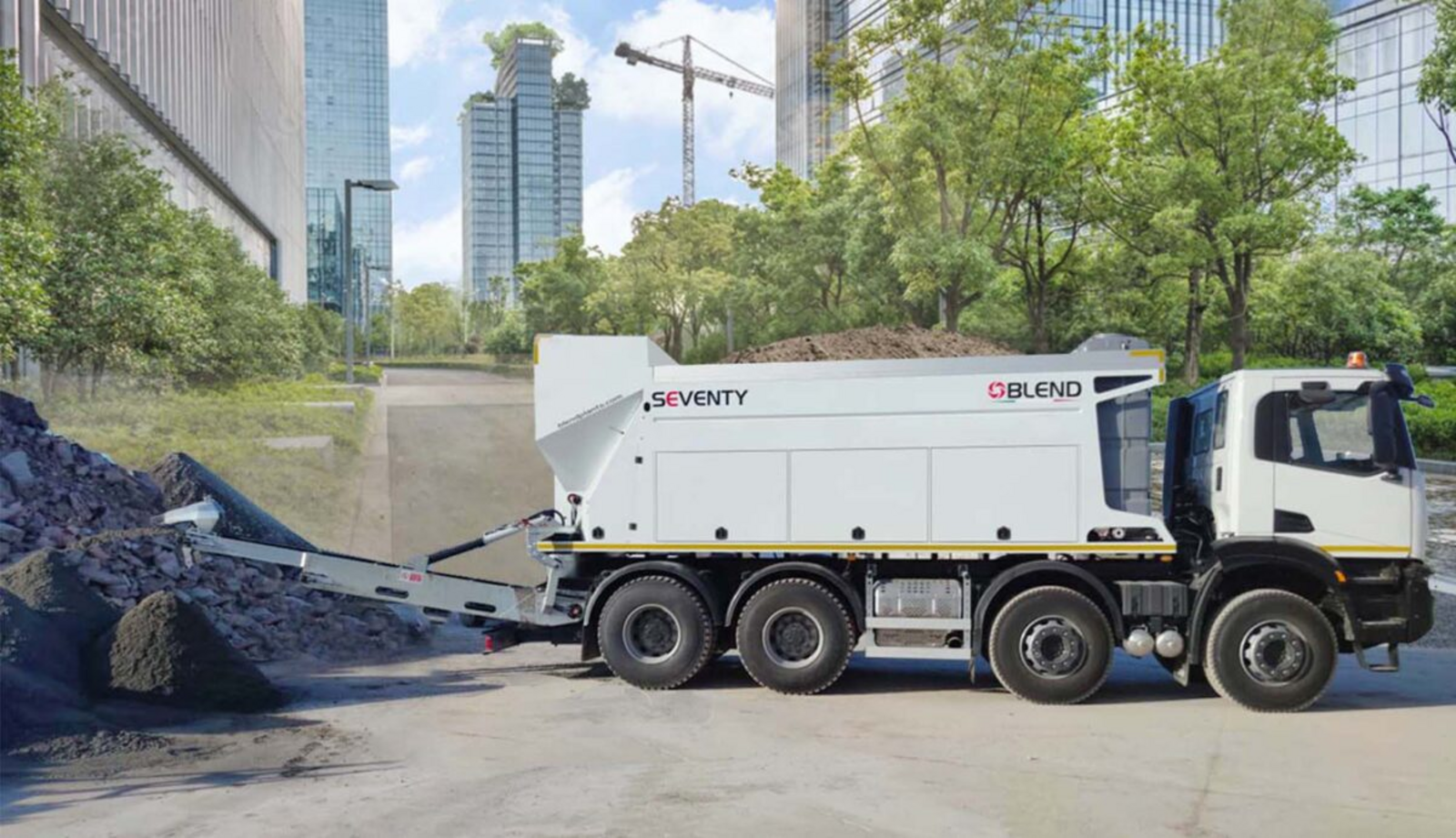 Mobile on-site concrete production plant at an urban jobsite